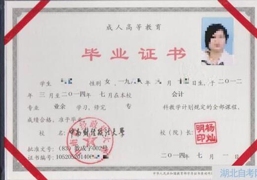 中南財經政法大學成教畢業(yè)證樣本